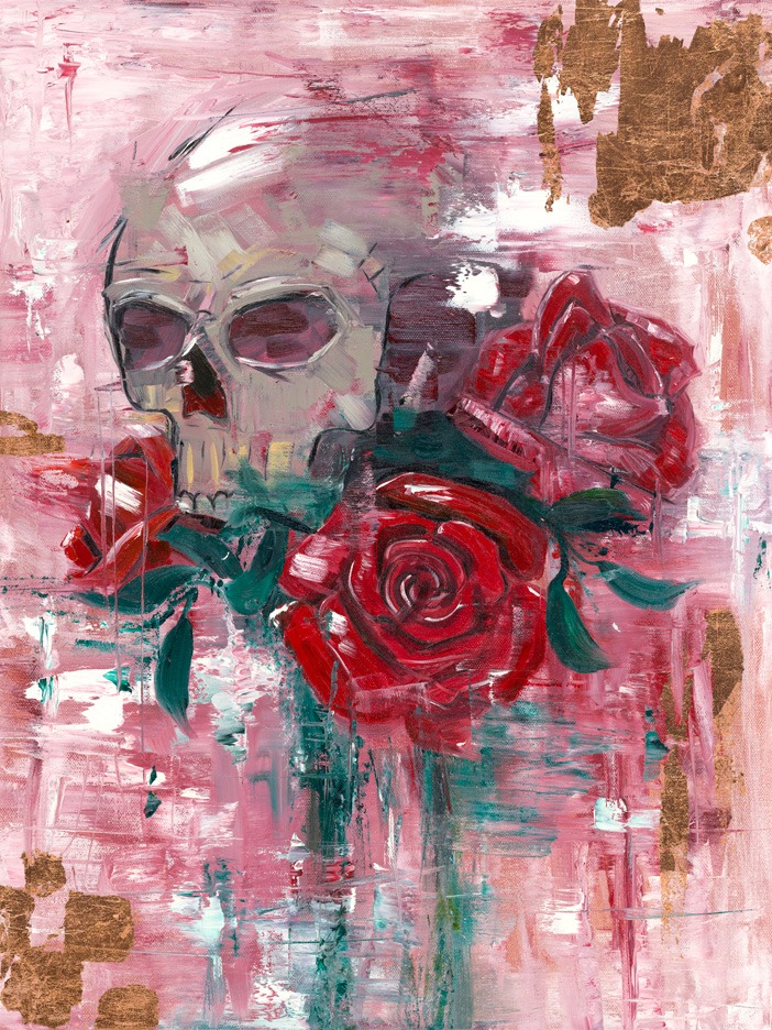 Scan of original oil painting "Slow Down" which displays a skull and roses atop an abstract background.