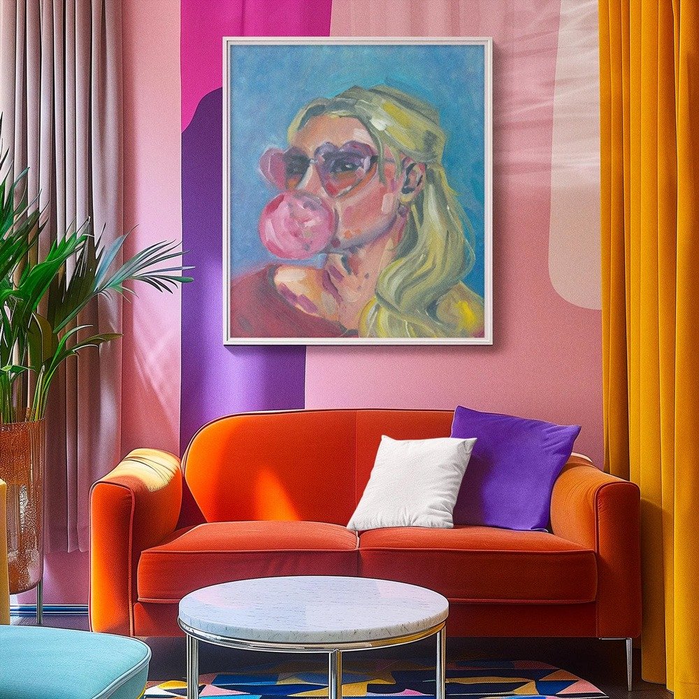 Original Oil painting "Burst Ur bubble" on display hanging on a wall