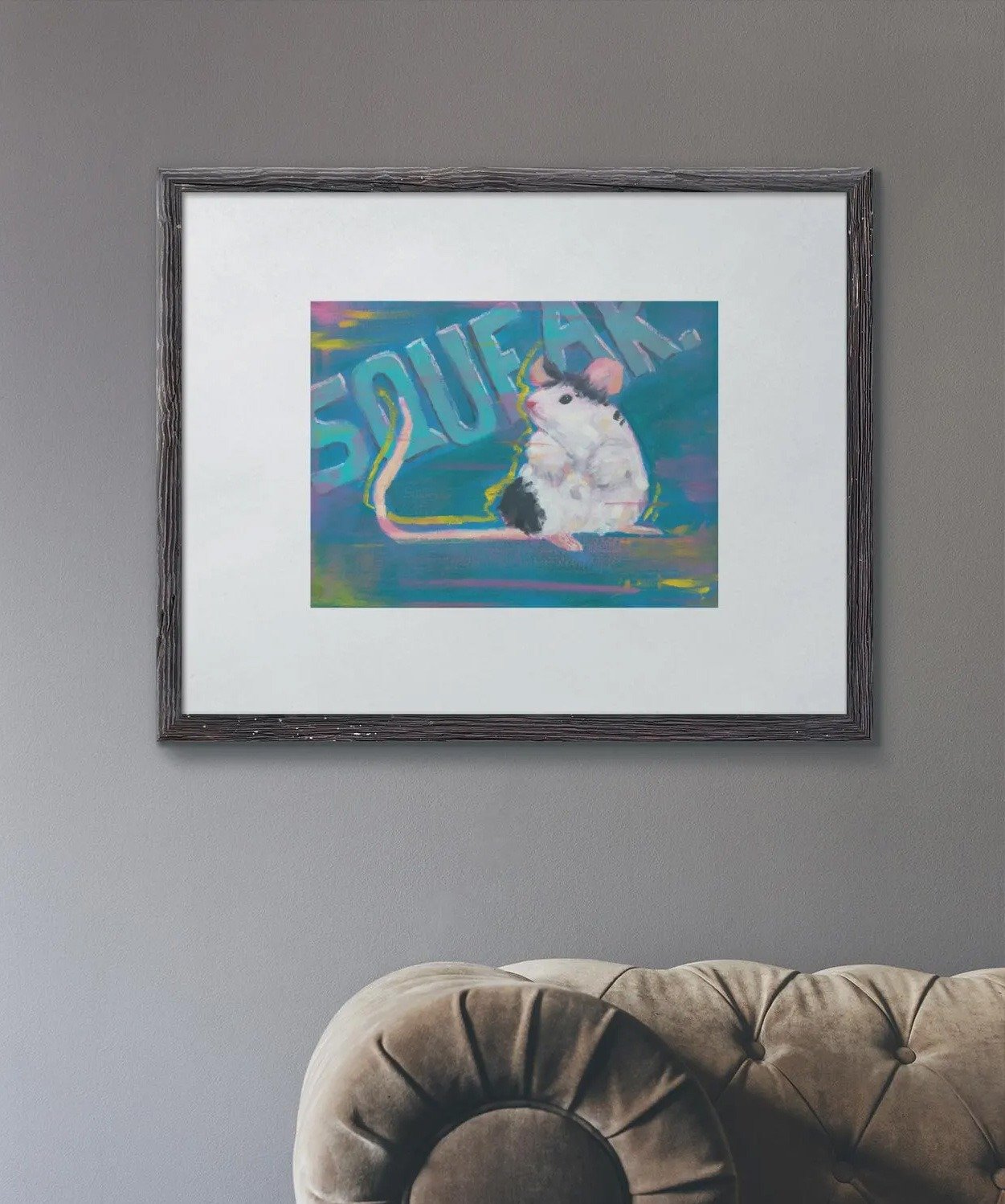 "Little Bumpkin", an original oil painting by Devon Regular, being displayed hung up on a wall