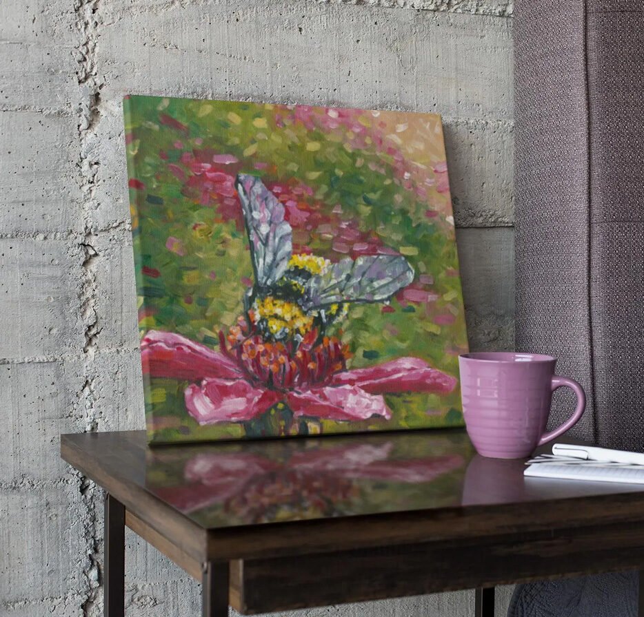 Sweet Honey oil painting displayed on an end table