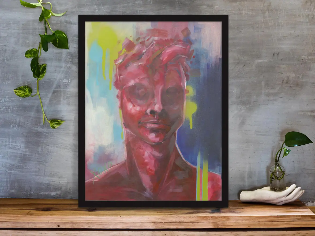 Original oil painting "Excitement Unknown" on display upon a table
