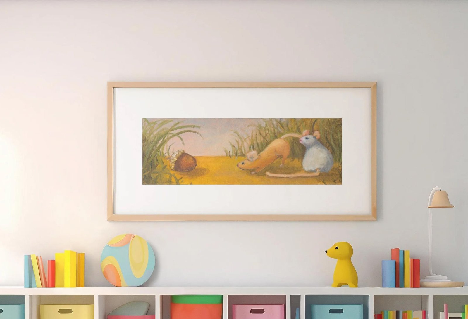 Original oil painting "Frolicking Fall" on display hanging on a wall