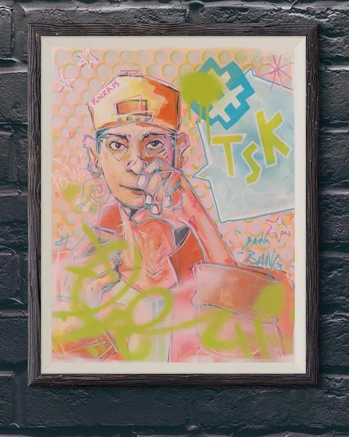 Original Oil painting "Poppy Punk" on display upon a wall