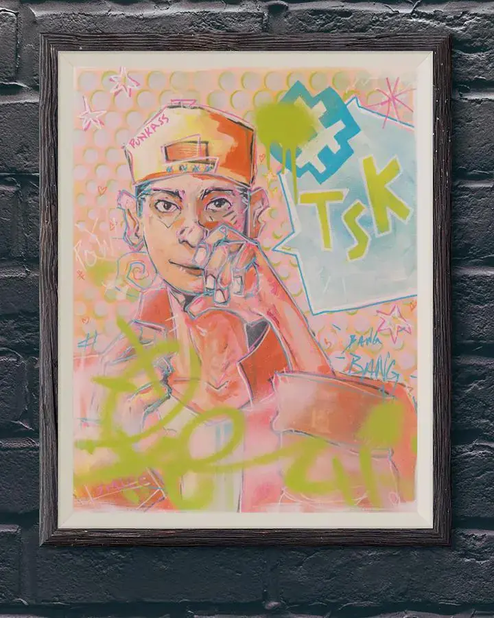 Original Oil painting "Poppy Punk" on display upon a wall
