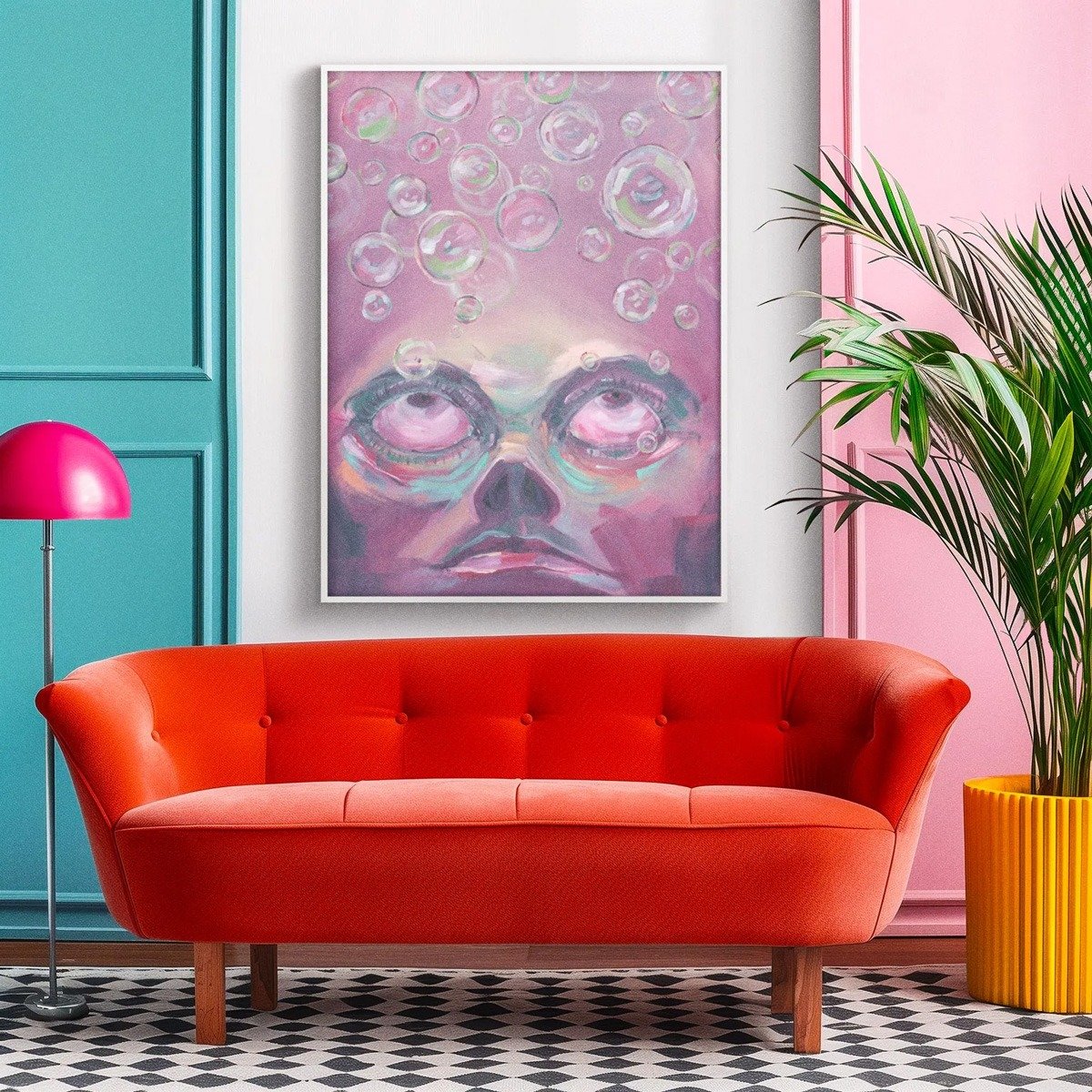 Original Oil Painting "The Harder He Cried the More Bubbles That Came" hanging on a wall