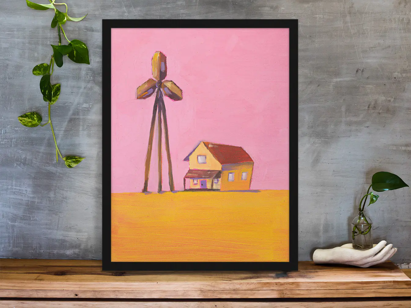 Original oil painting "Peaceful Solitude" being displayed on a table