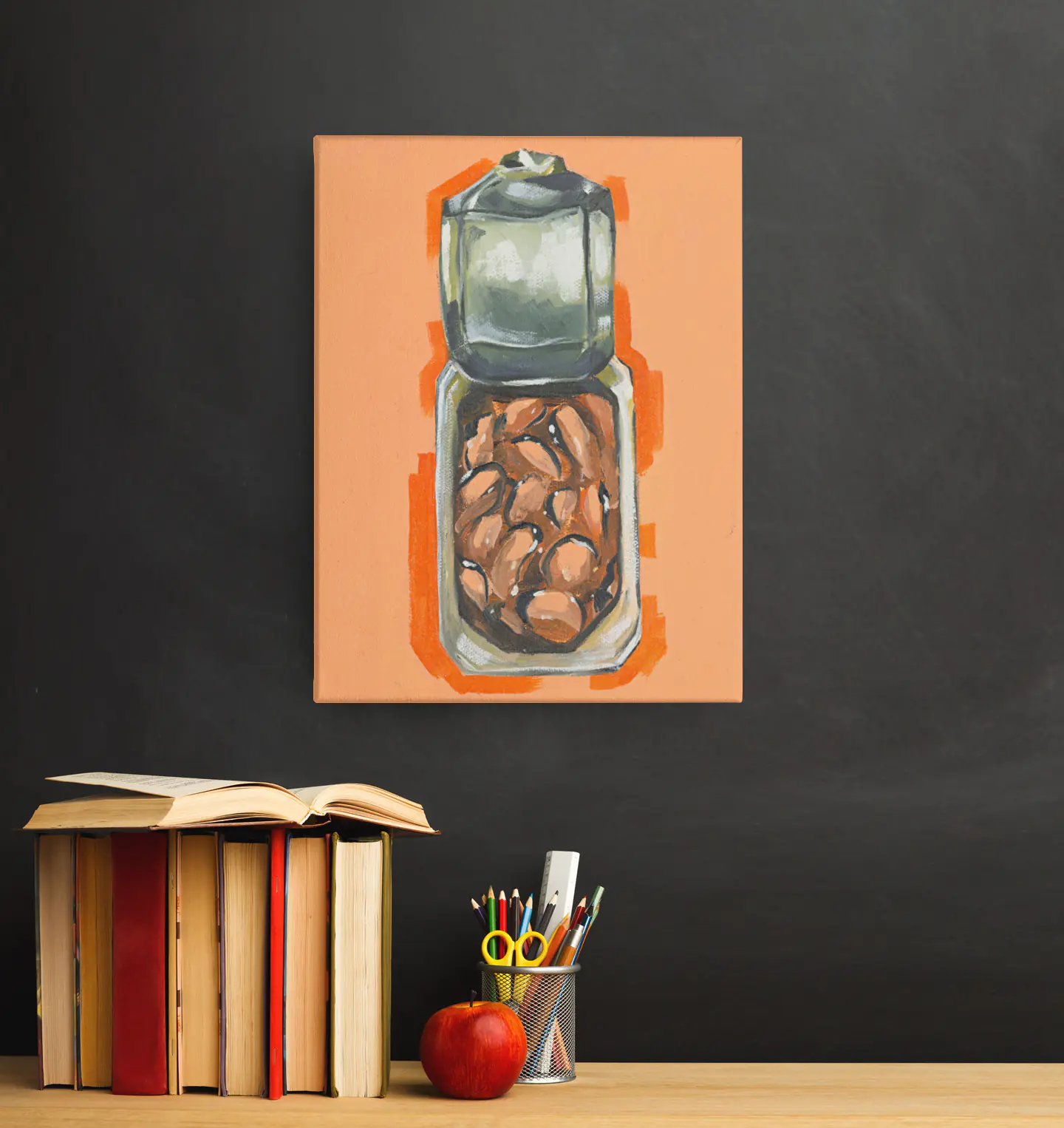 Original oil painting "Tin of Joy" hanging on a wall