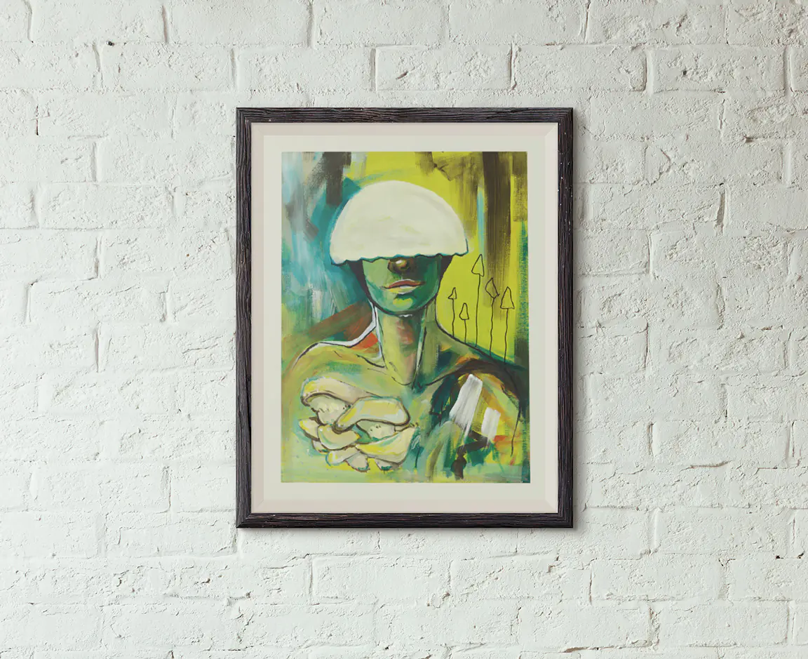 Original mixed media painting "Fun Guy" hanging on a wall