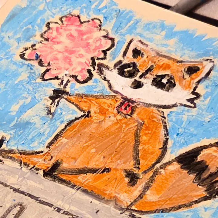 Close up of oil pastel painting of a raccoon with cotton candy