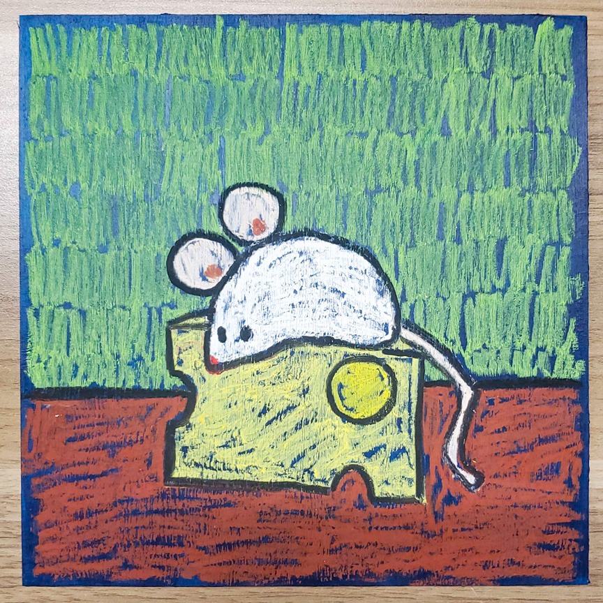 Picture of an oil pastel painting of a mouse upon a piece of cheese