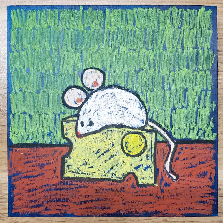Picture of an oil pastel painting of a mouse upon a piece of cheese