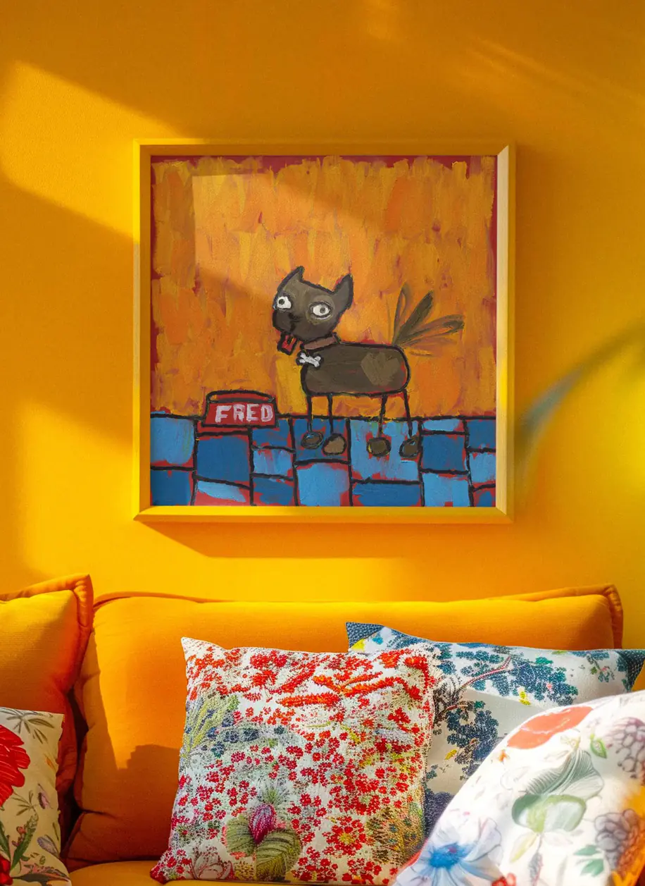 Original oil painting "A Dog Named Fred" hanging on a wall