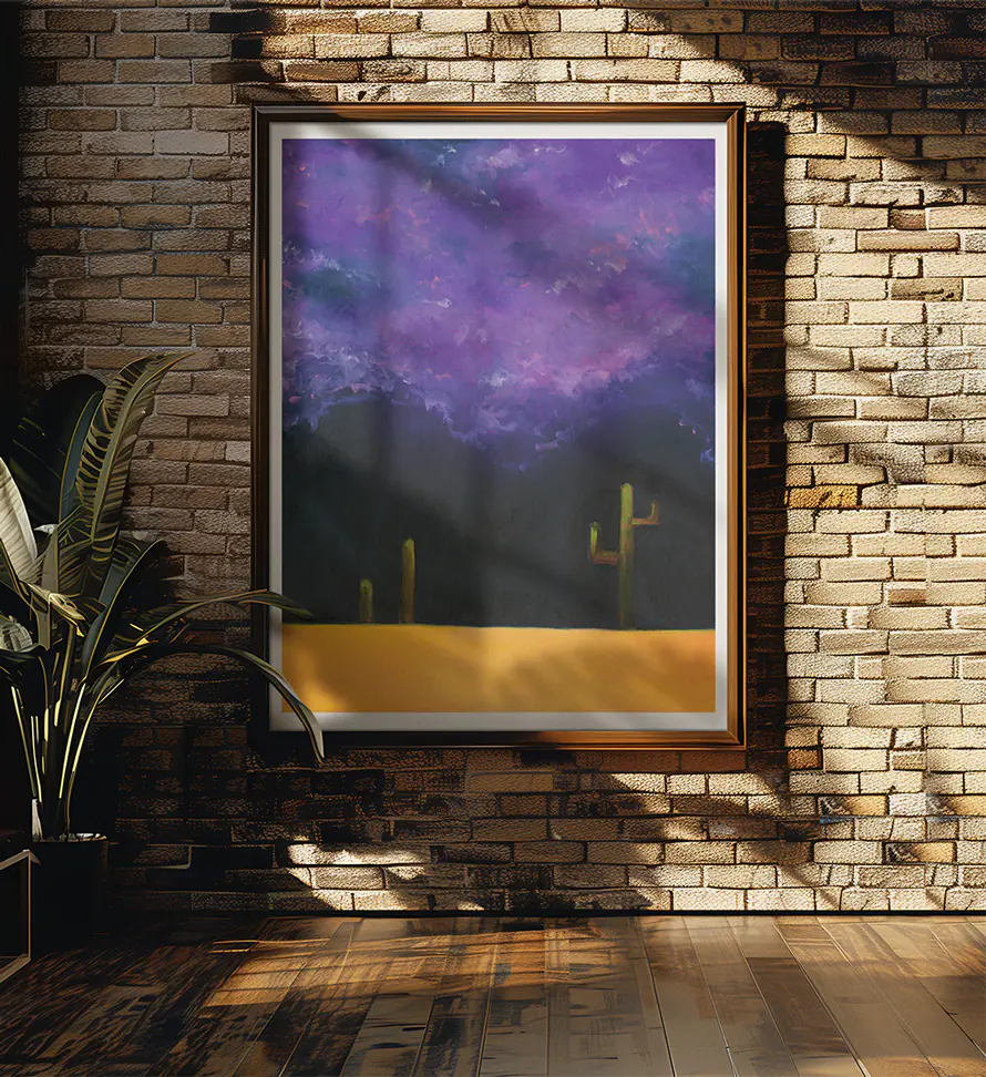 The original oil painting "Neon Horizons" on display on a wall